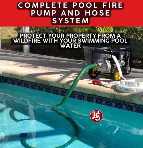 poolside fire pump and fire hose system laid out by swimming pool