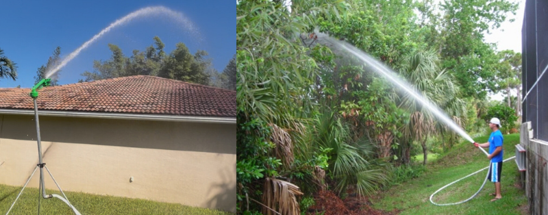 water cannon wildfire sprinkler shooting swimming pool water on roof that's activated by pool automation panel
