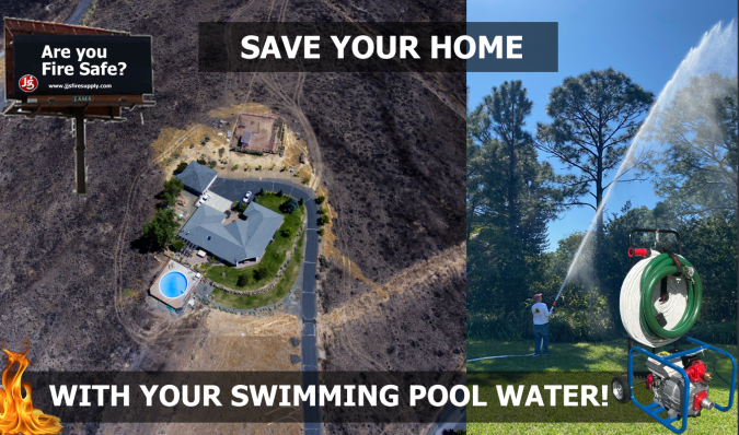 los angeles california homeowner spraying pool water with a fire hose from a pool fire pump and a house with a swimming pool not burnt from a wildfire