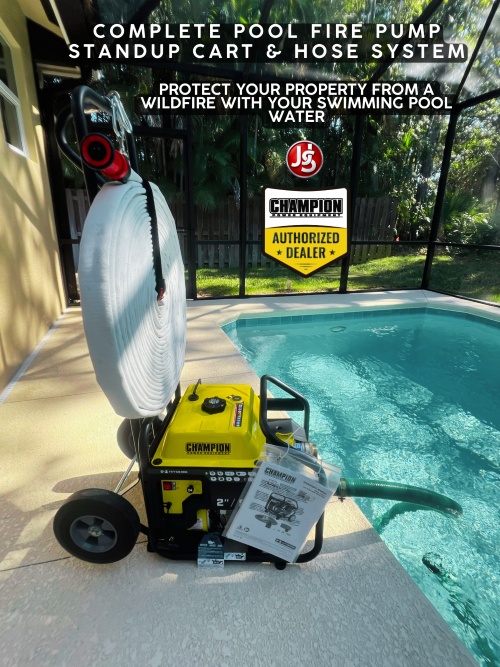 portable gas powered pool wildfire pump standup cart system next to pool
