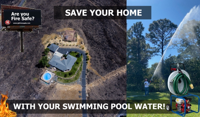los angeles california homeowner spraying pool water with a fire hose from a pool fire pump and a house with a swimming pool not burnt from a wildfire