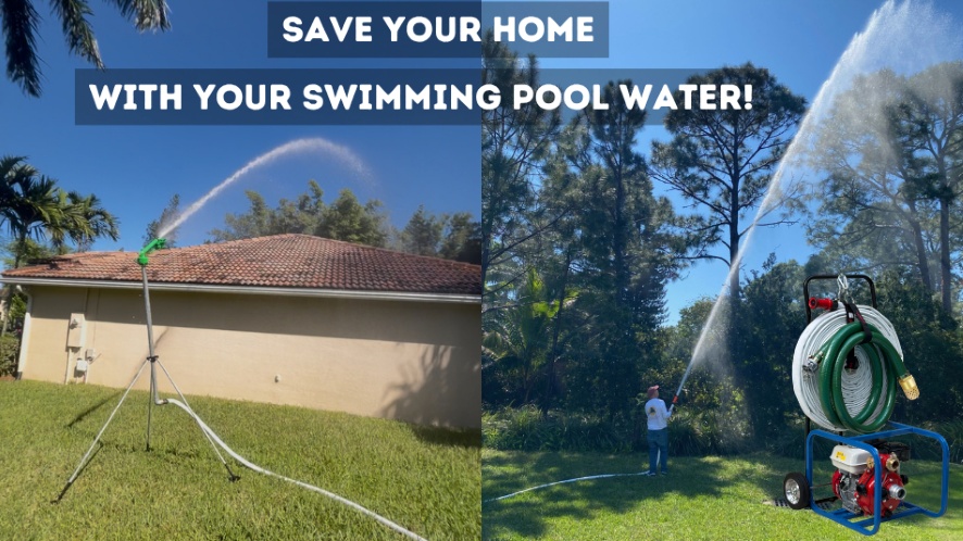 DIY homeowner spraying pool water with a fire hose from a swimming pool fire pump saving his home from a wildfire