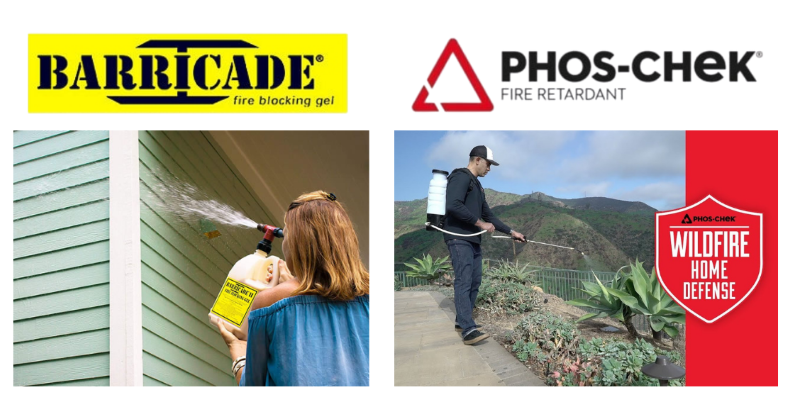 Barricade Fire Gel and Phos-Chek Fire Retardant Options for home wildfire defense.