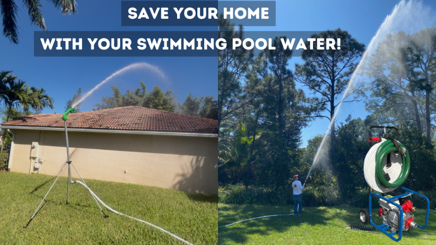 DIY homeowner spraying pool water with a fire hose from a swimming pool fire pump saving his home from a wildfire
