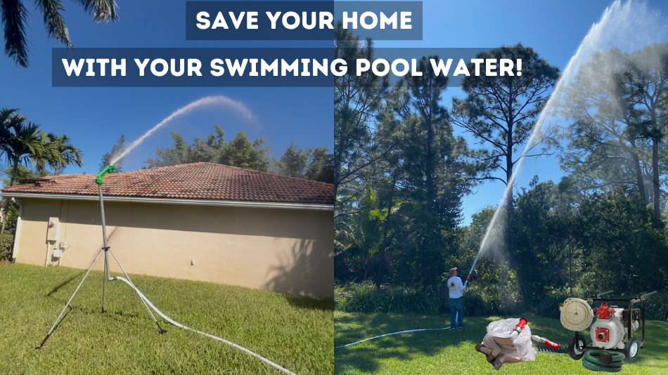 DIY homeowner spraying pool water with a fire hose from a swimming pool fire pump saving his home from a wildfire
