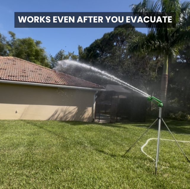 Water Cannon Home Wildfire Defense Sprinkler powered by portable swimmimg pool fire pump and fire hose